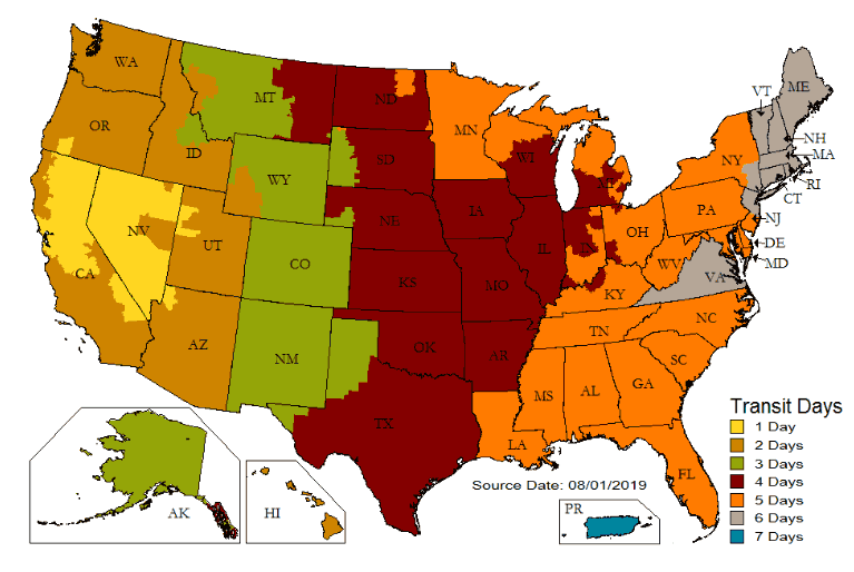 graph showing delivery days by United States region